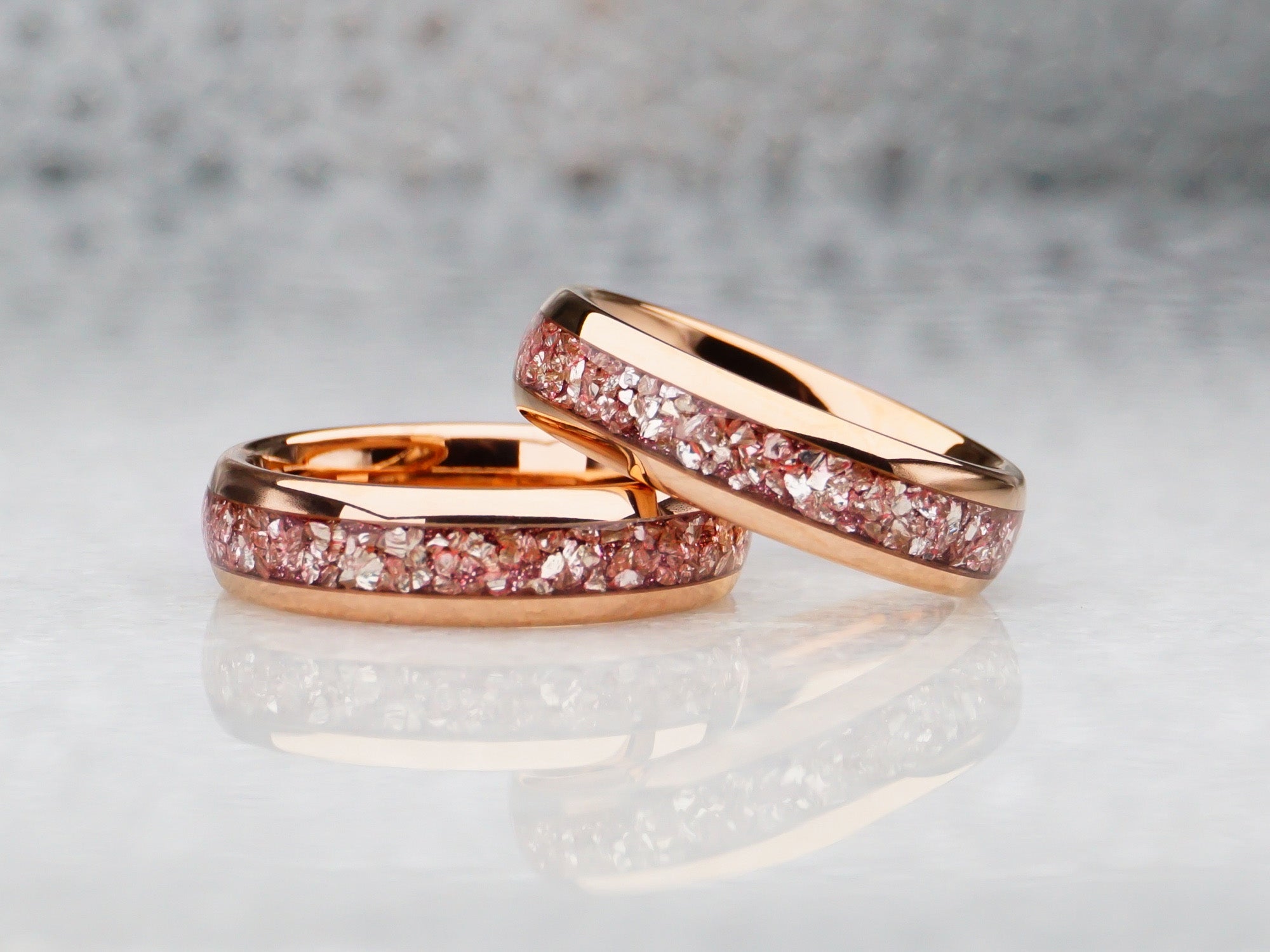 6mm rose gold morganite ring, polished rose gold tungsten ring with lab peach morganite inlay, unique wedding ring