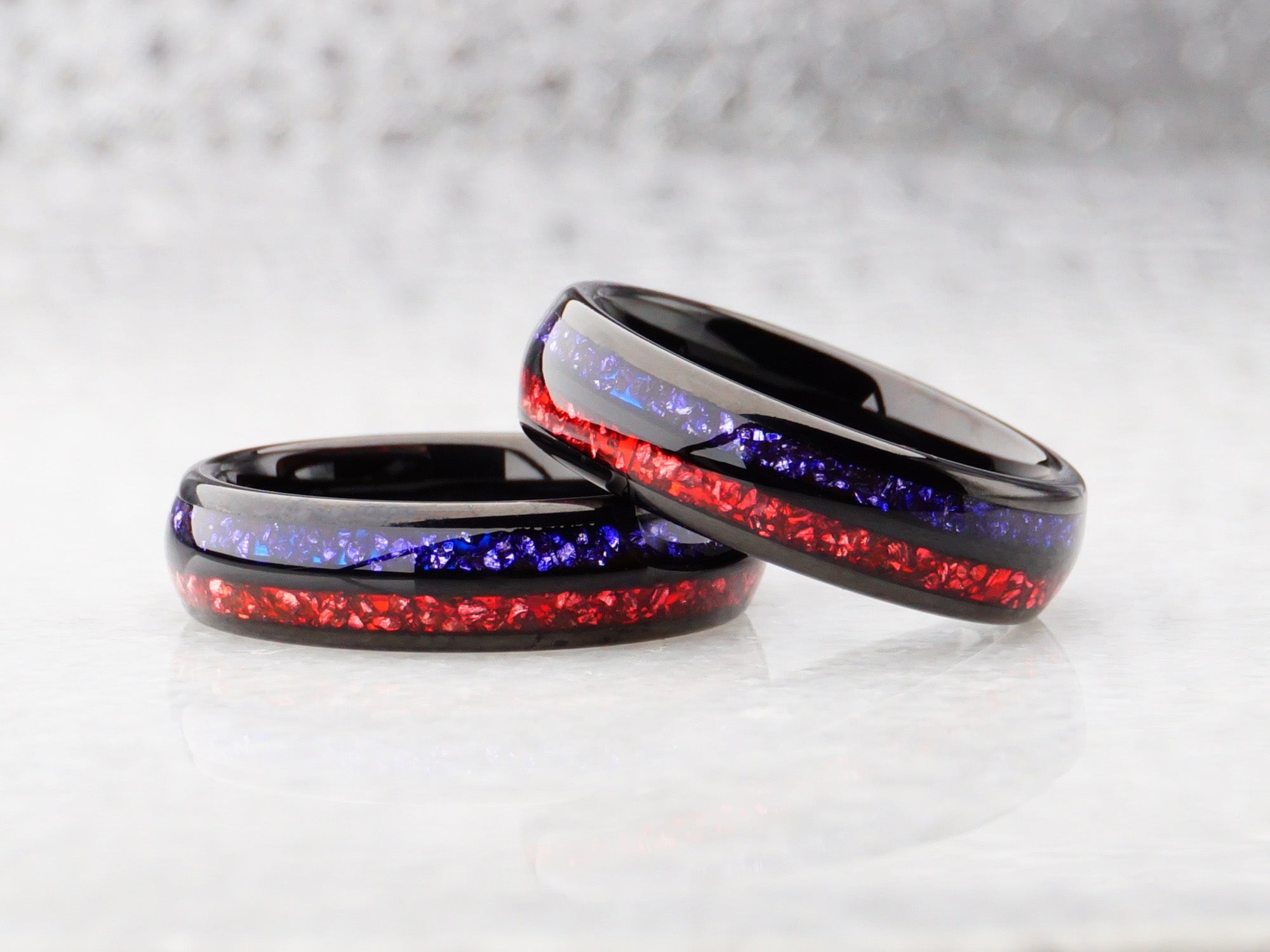 6mm sapphire garnet ring, polished black tungsten ring with red and blue lab garnet and sapphire gemstone inlays