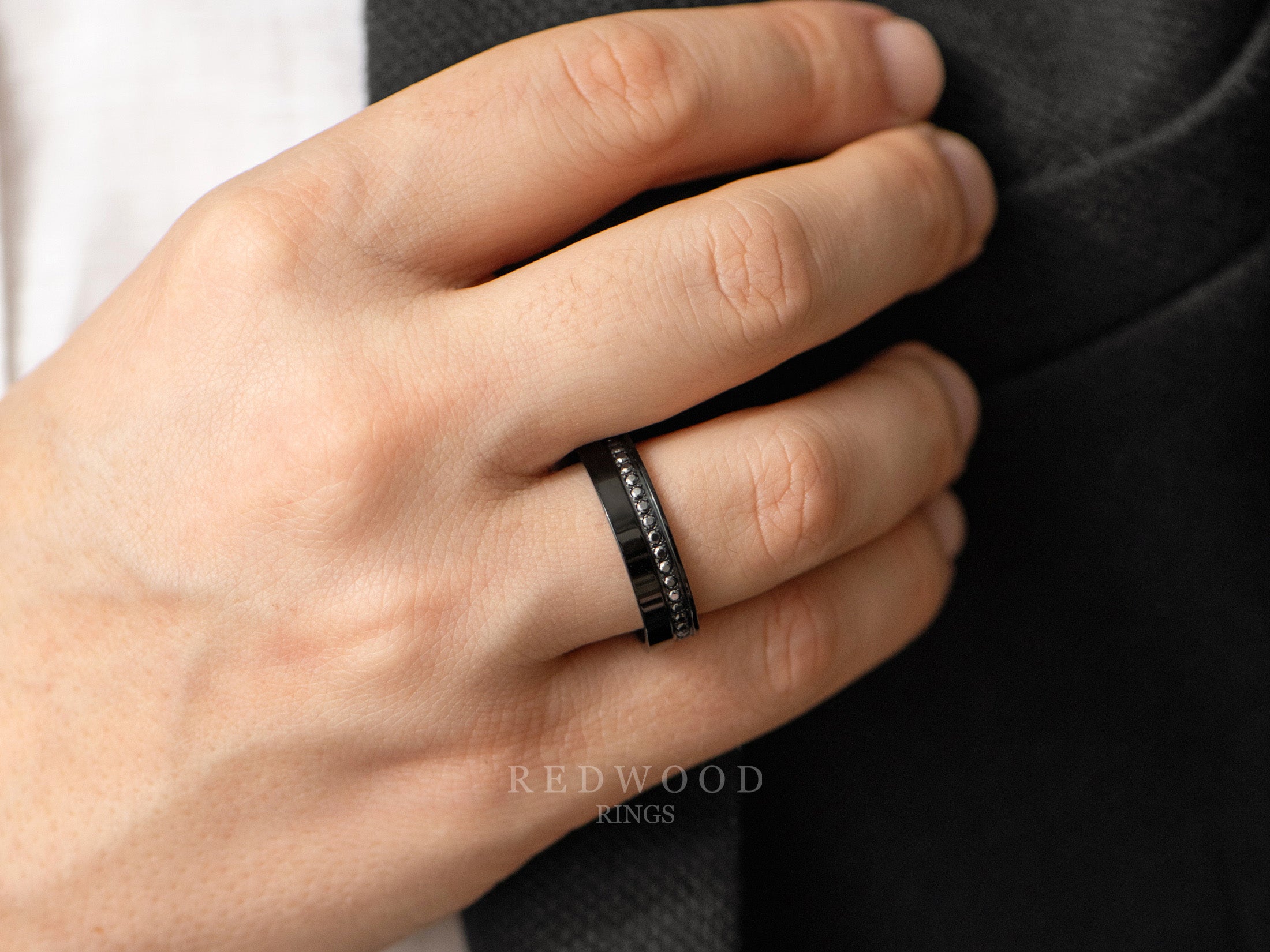 6mm zirconium ring with black moissanite strip, mens hand photo