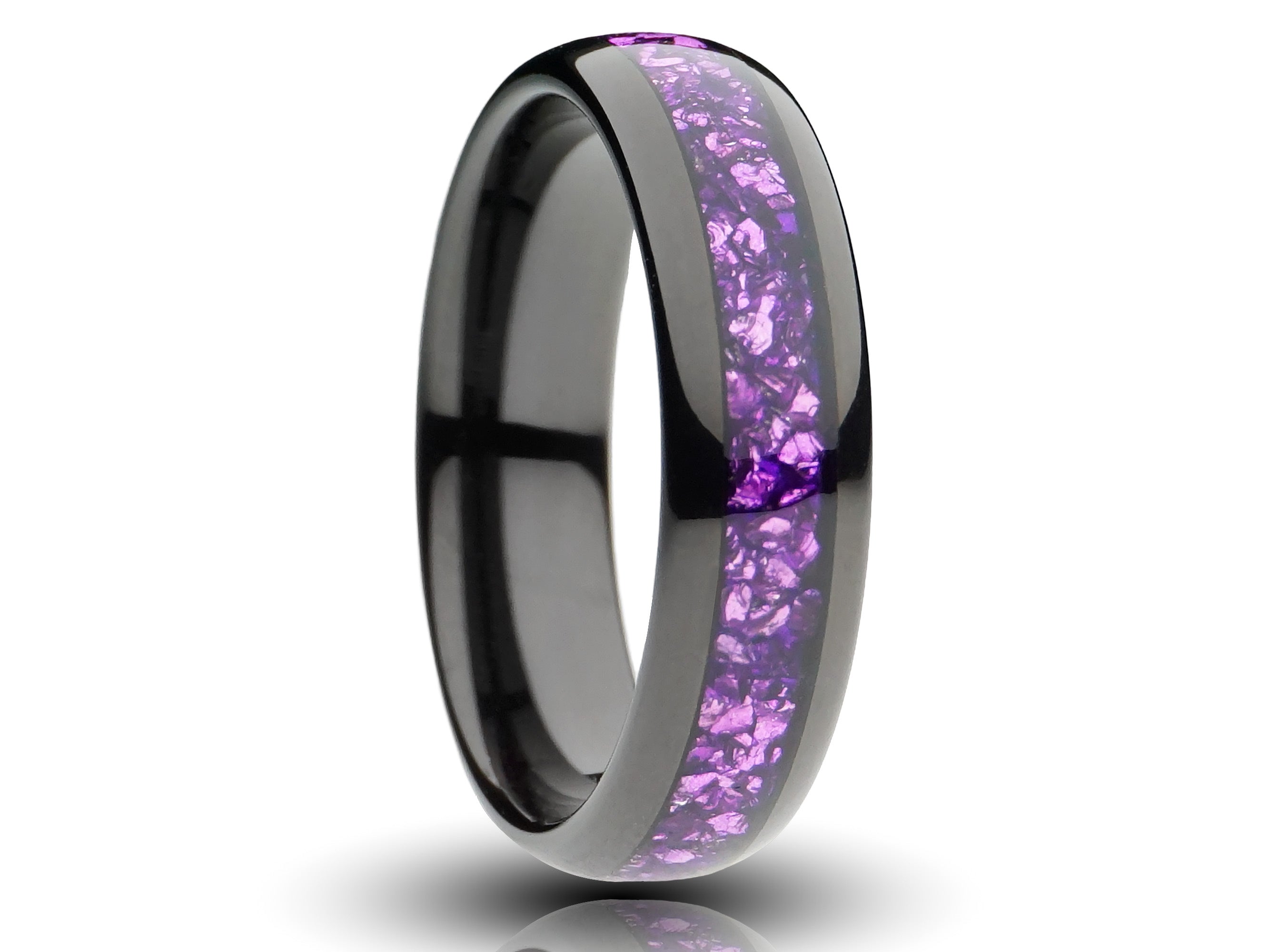 6mm black amethyst tungsten ring, purple lab created amethyst inlay, black plated tungsten, comfort fit mens birthstone band