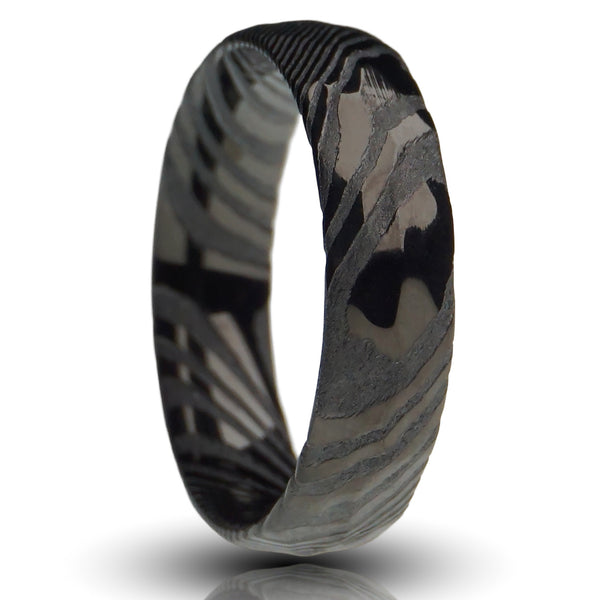 6mm black damascus ring, black hammered damascus steel band ring, mens wedding band, cutout