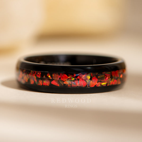 6mm black opal ring, black plated tungsten with red opal inlay