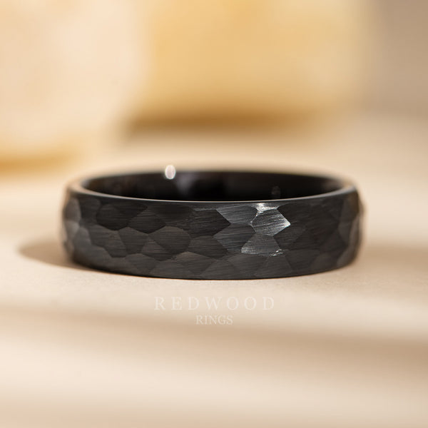 6mm black ring with hammered finish, mens black tungsten ring