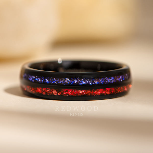 6mm black ring with lab garnet and sapphire dual inlay, mens promise ring