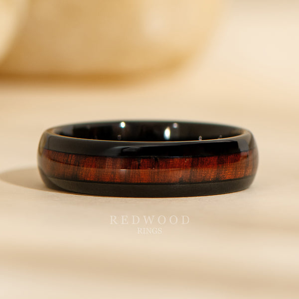 6mm black tungsten ring with sequoia redwood inlay, mens california ring