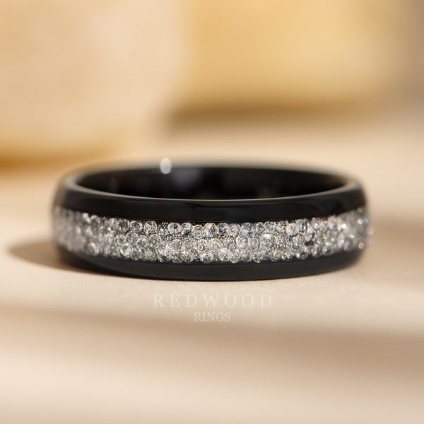 6mm black tungsten ring with white lab diamond inlay, mens wedding ring