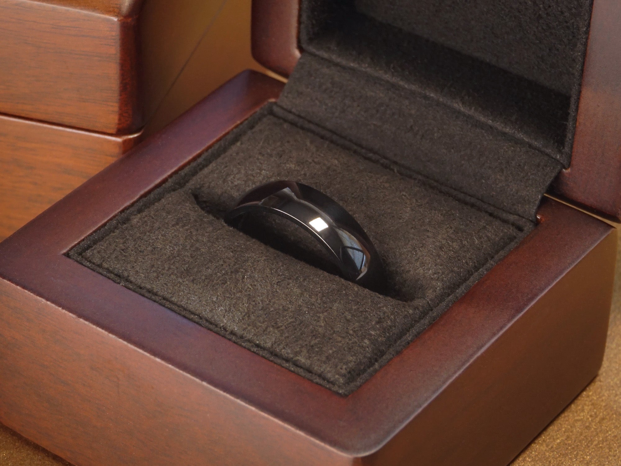 6mm black zirconium ring, polished zirc ZR, minimalist mens wedding band, luxury wood ring box