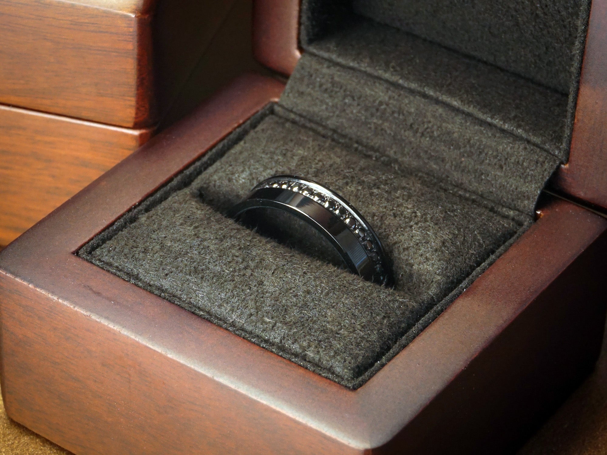 6mm black zirconium ring with black moissanite gemstones, polished zirc ZR, luxury mens wedding band