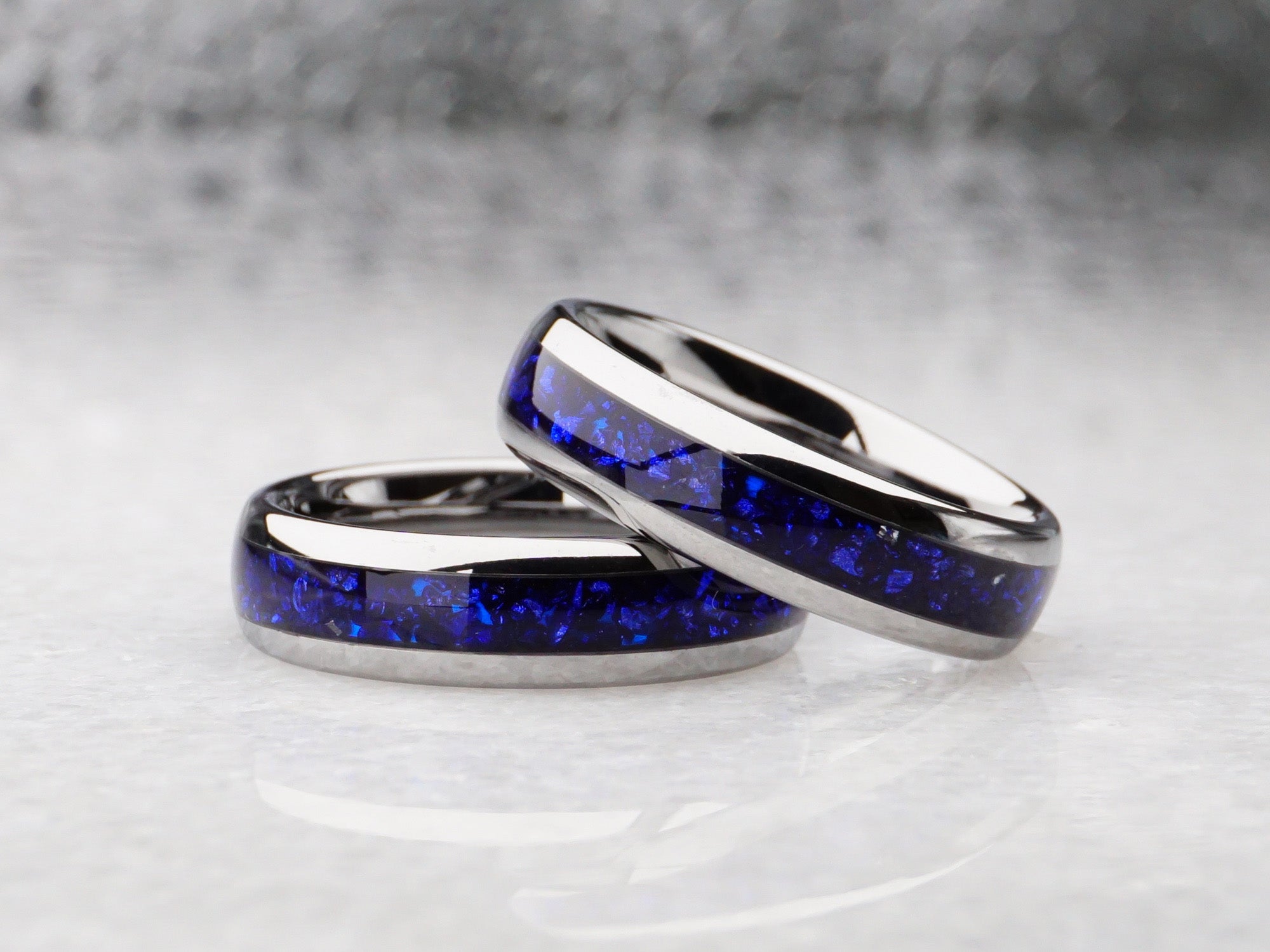 6mm blue sapphire ring, polished silver tungsten ring with dark blue lab sapphire gemstone inlay, modern wedding band