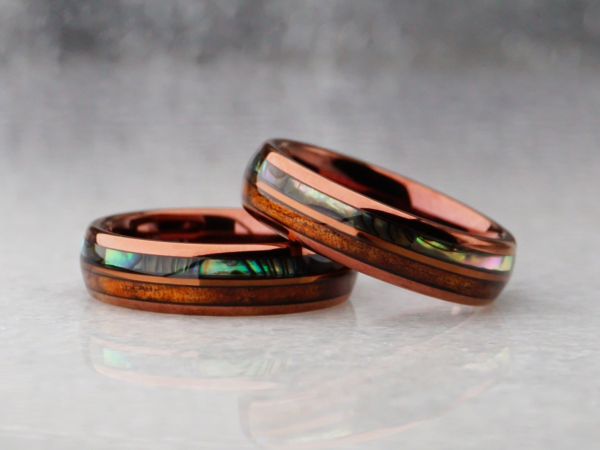 6mm brown hawaiian ring, polished coffee tungsten ring with koa wood and abalone shell inlay, modern mens wedding ring