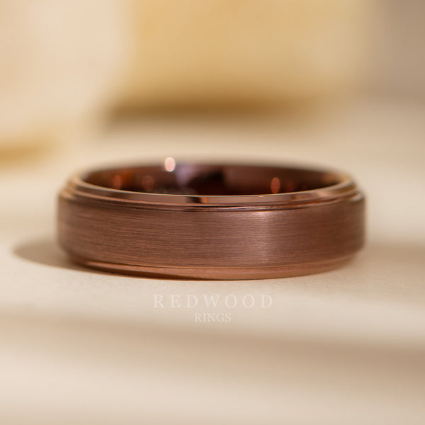 6mm brown plated tungsten ring, gentlemans band, stepped edges