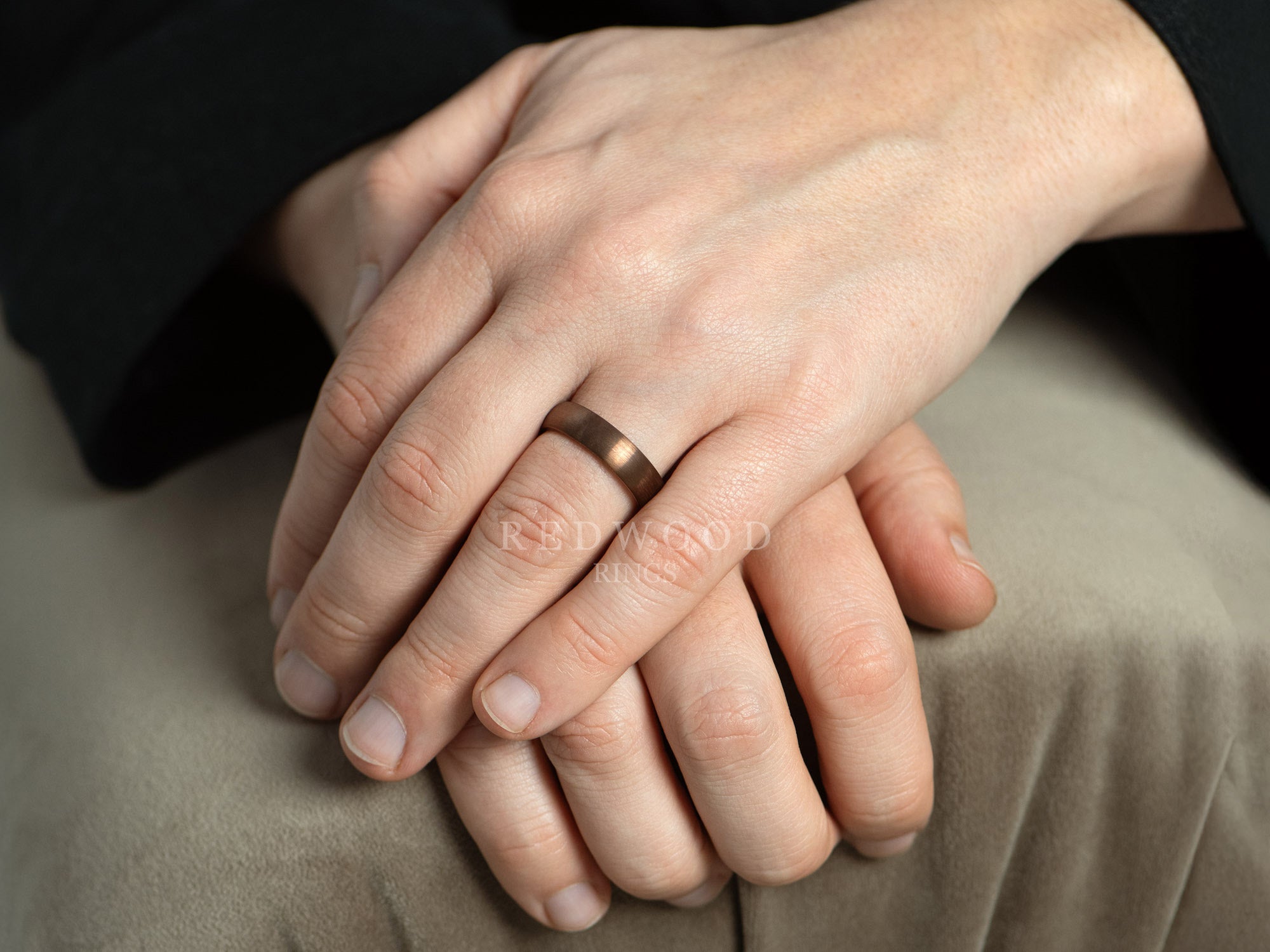 6mm brown tungsten ring hand photo, watermarked