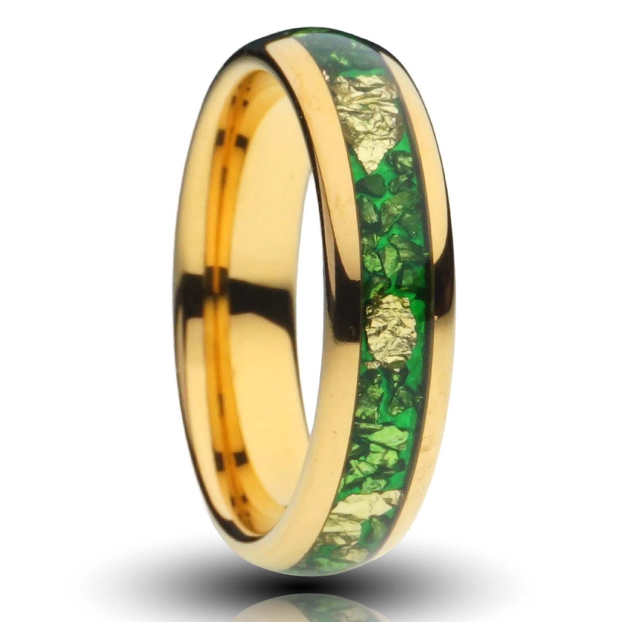 Gold Tungsten Ring with Gold Foil and Green Lab-Created Emerald Inlay - 6MM