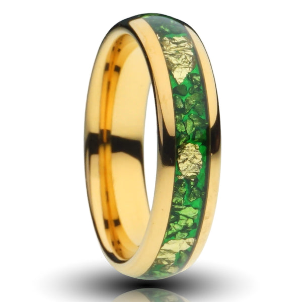 Gold Tungsten Ring with Gold Foil and Green Lab-Created Emerald Inlay - 6MM