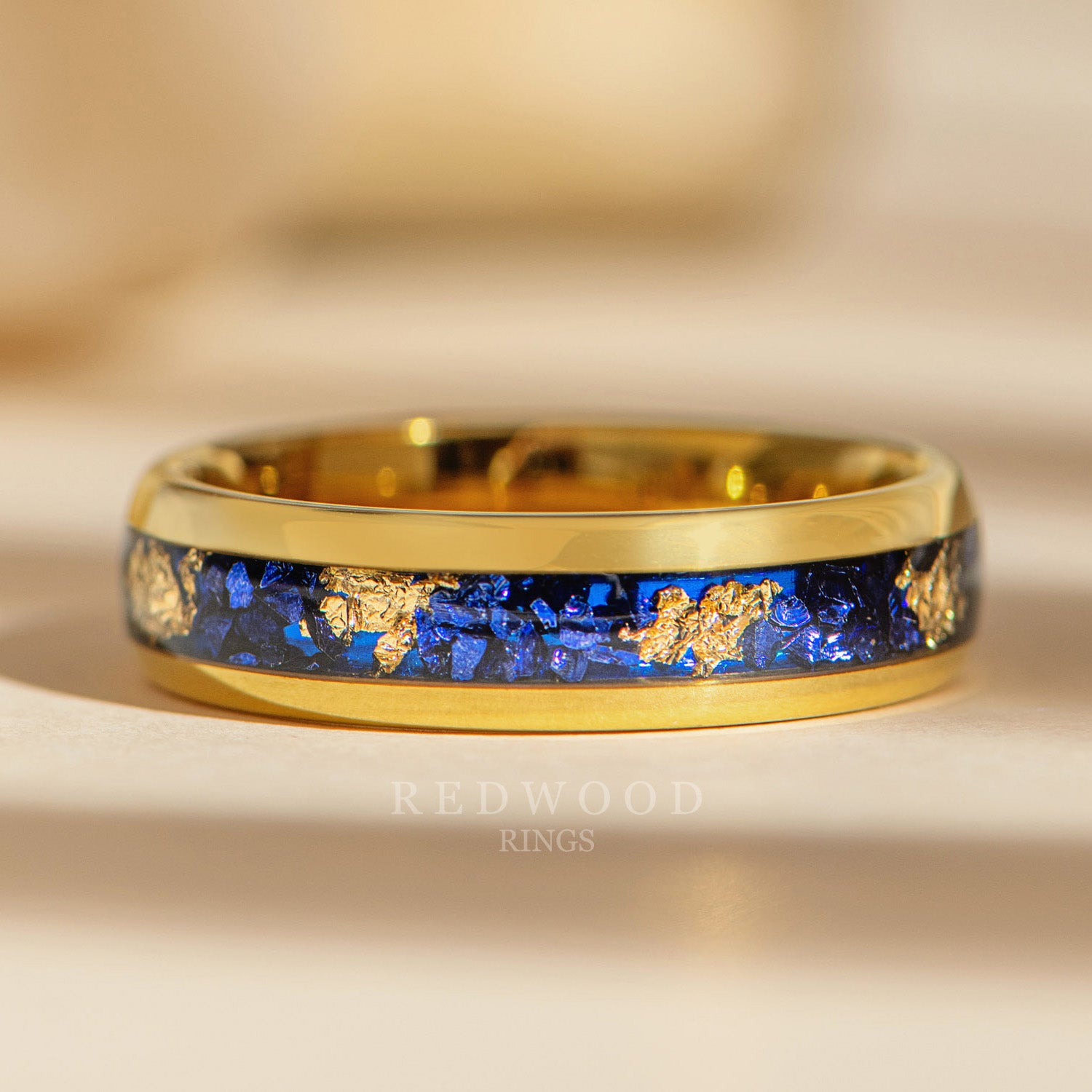 6mm gold foil tungsten and blue sapphire ring, luxury photo watermarked