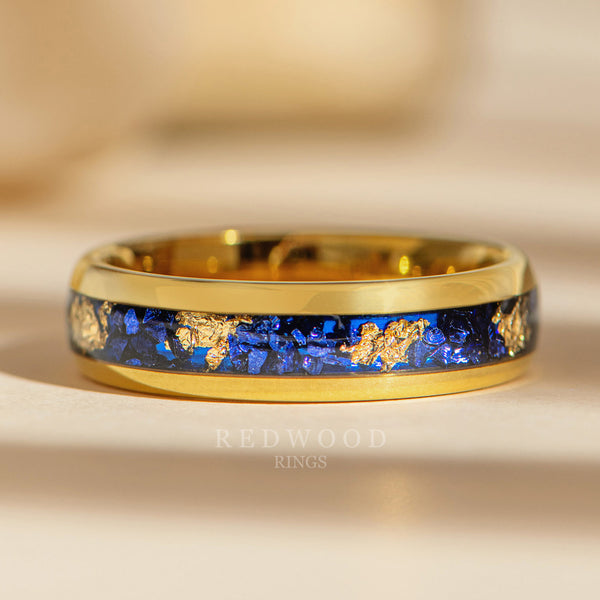 6mm gold foil tungsten and blue sapphire ring, luxury photo watermarked