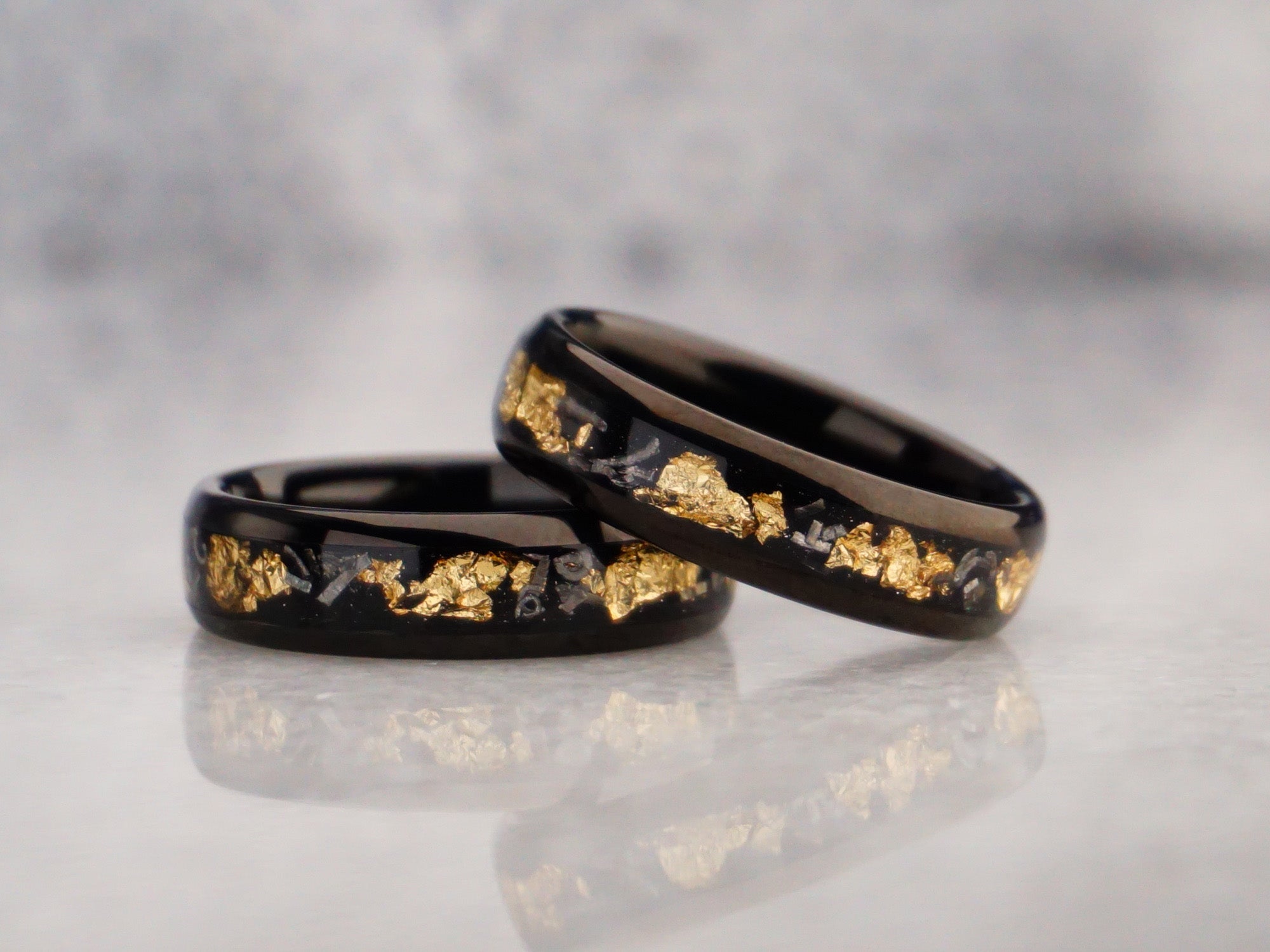 6mm gold leaf meteorite ring, polished black tungsten ring with meteorite metal and gold leaf inlay, modern mens wedding ring