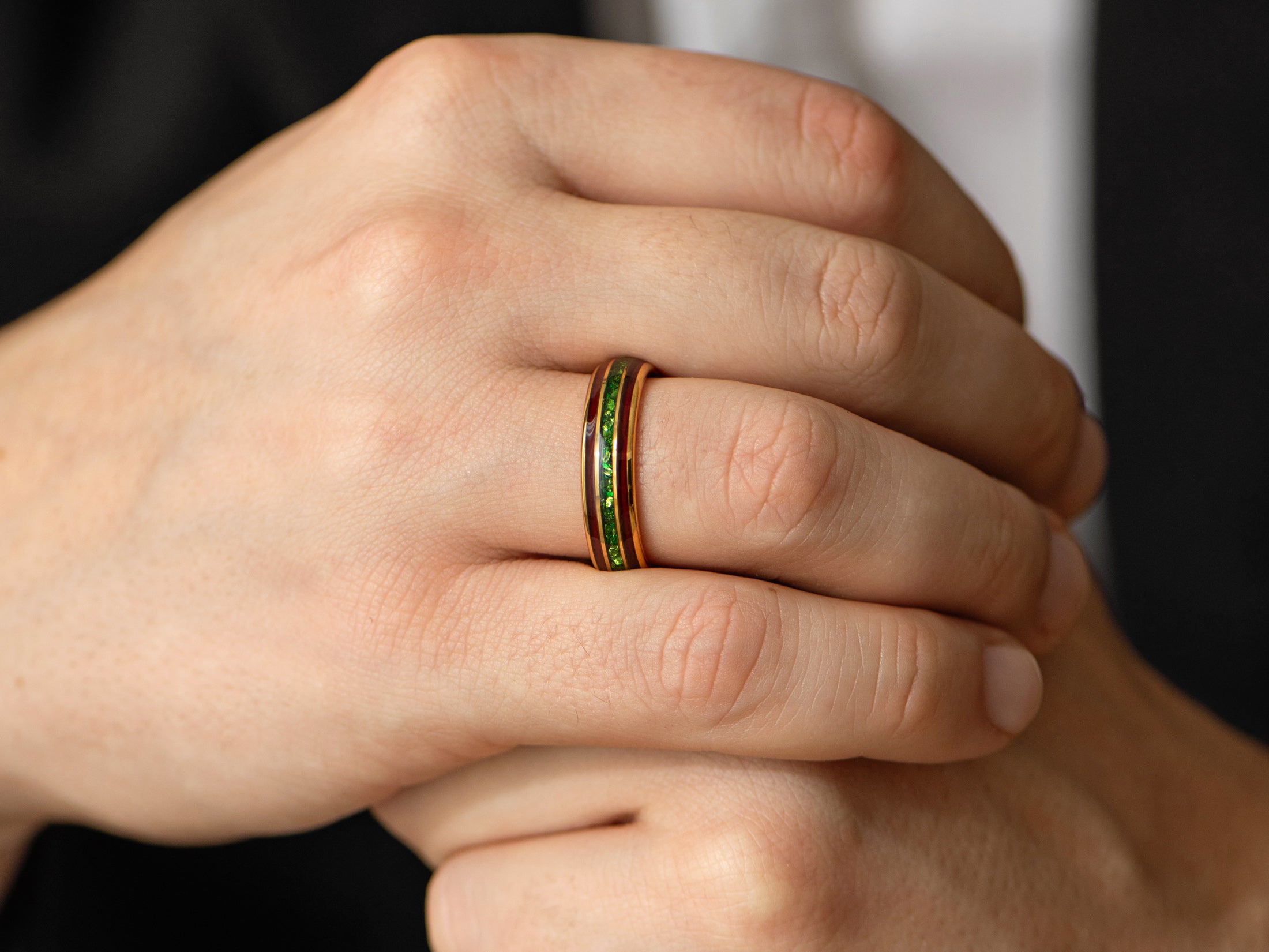 6mm gold redwood emerald ring, mens hand photo