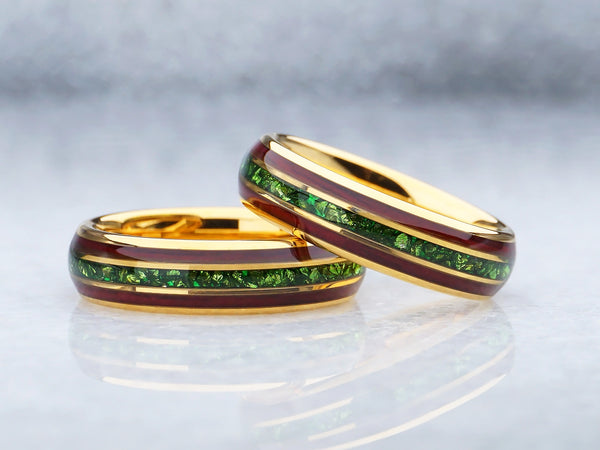 6mm gold redwood emerald ring, sequoia red wood and green lab emerald inlays, modern mens wedding ring