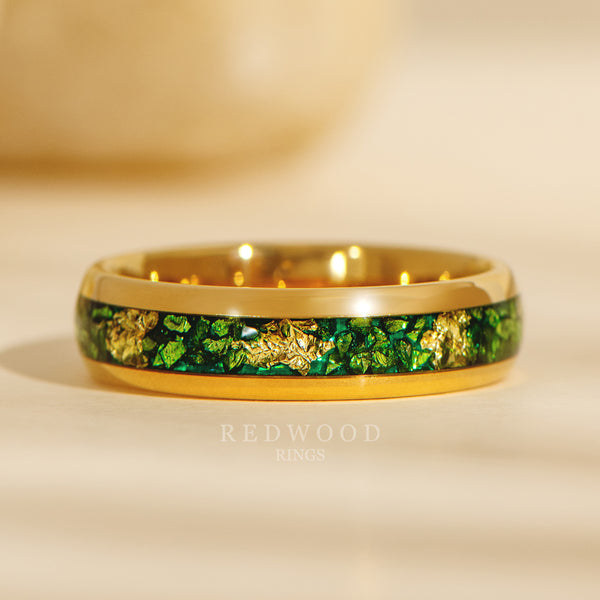 6mm gold tungsten ring with gold foil and green emerald inlay, forest and sunshine mens ring