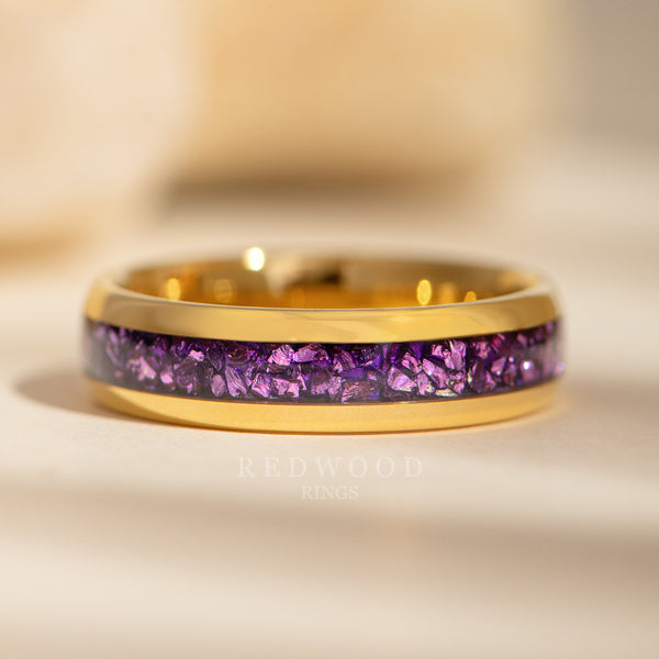 6mm gold tungsten ring with lab created amethyst inlay, mens gemstone promise ring