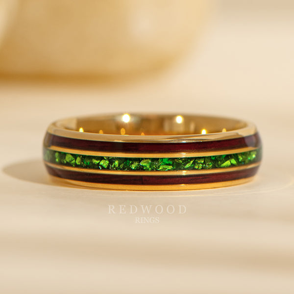 6mm gold tungsten ring with redwood and green emerald triple inlays, forest inspired mens ring
