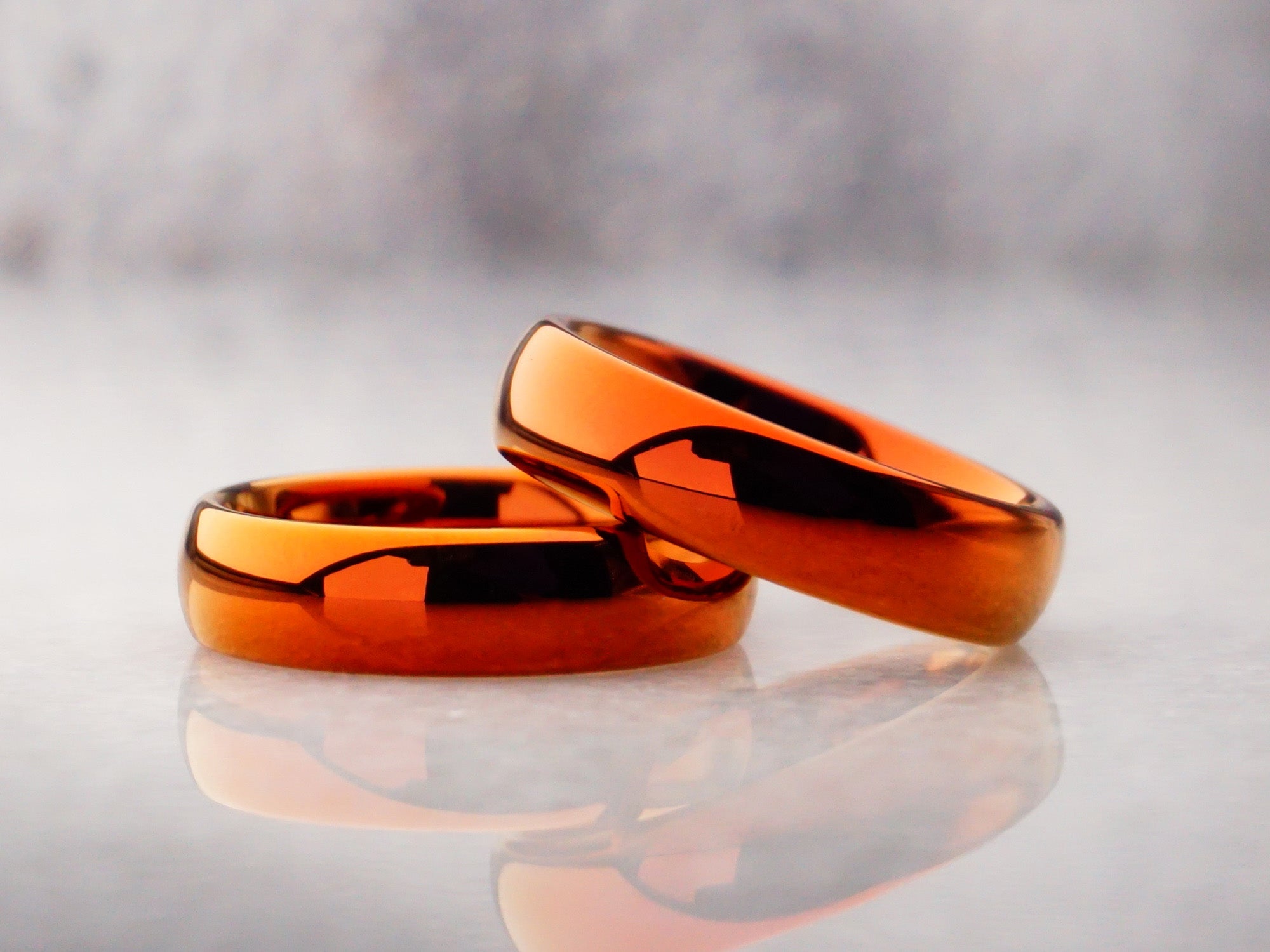 6mm orange polished ring, shiny bonfire orange tungsten ring, modern mens wedding ring