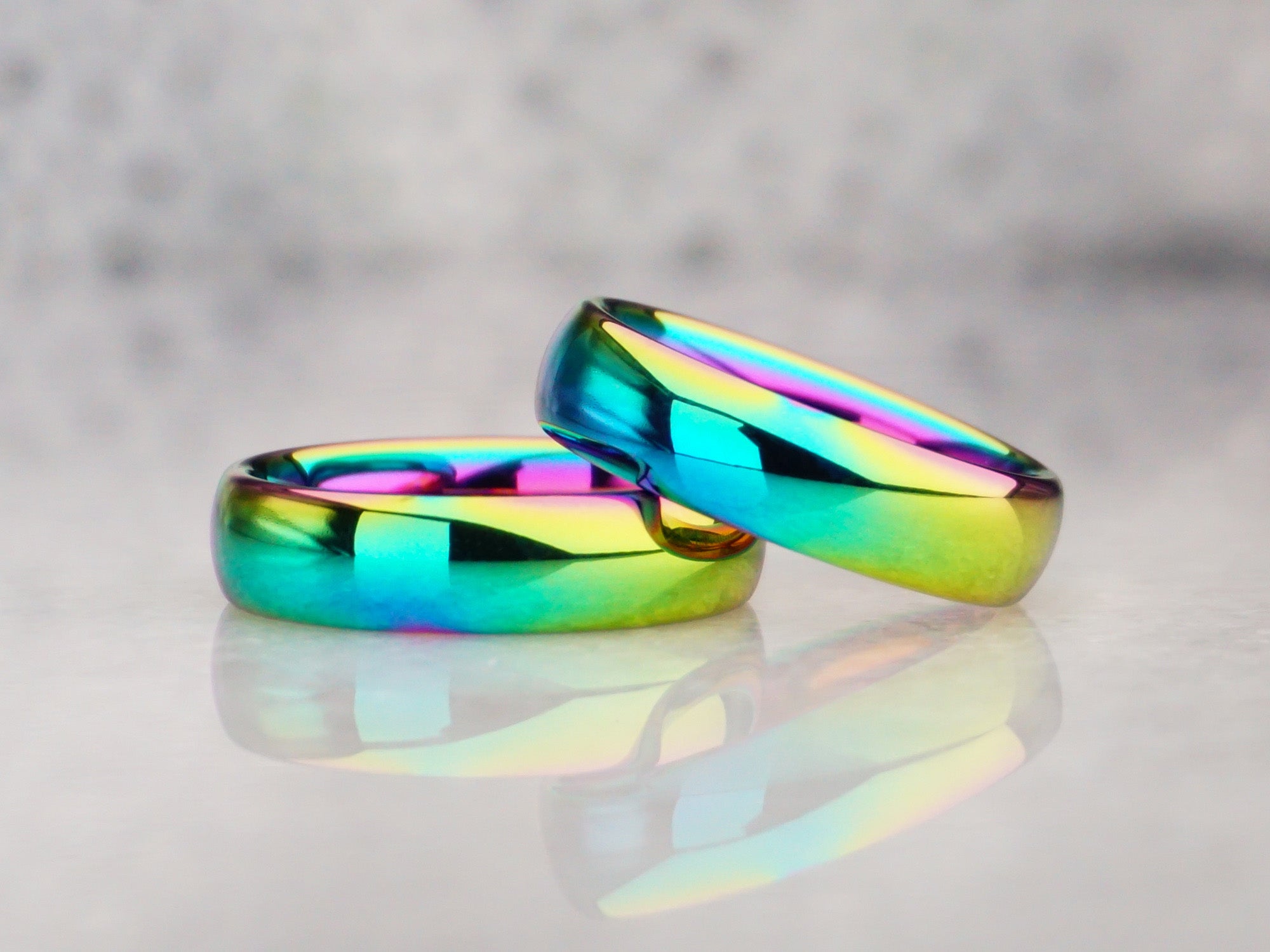 6mm rainbow polished ring, shiny oil slick rainbow tungsten ring, modern mens wedding ring