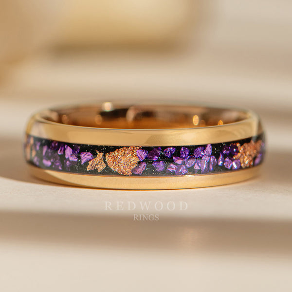 6mm rose gold foil tungsten ring with purple amethyst inlay, luxury photo watermarked