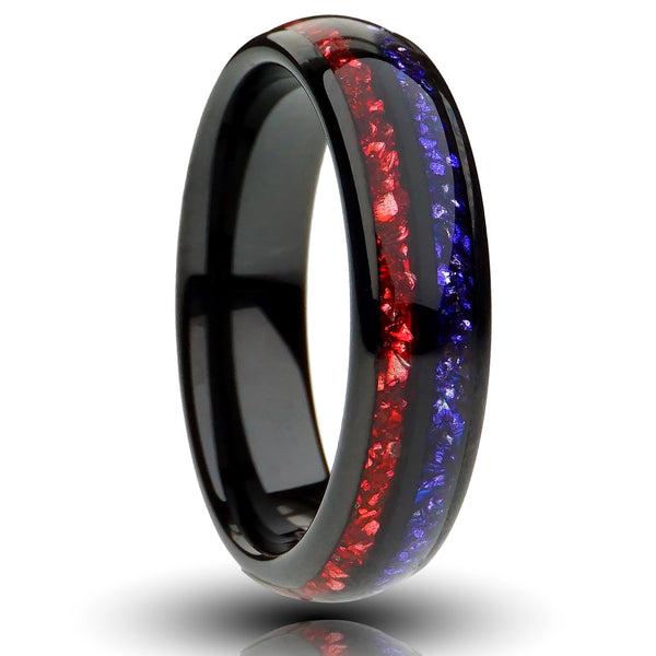 Garnet and Sapphire Tungsten Ring, Polished Black - 6MM