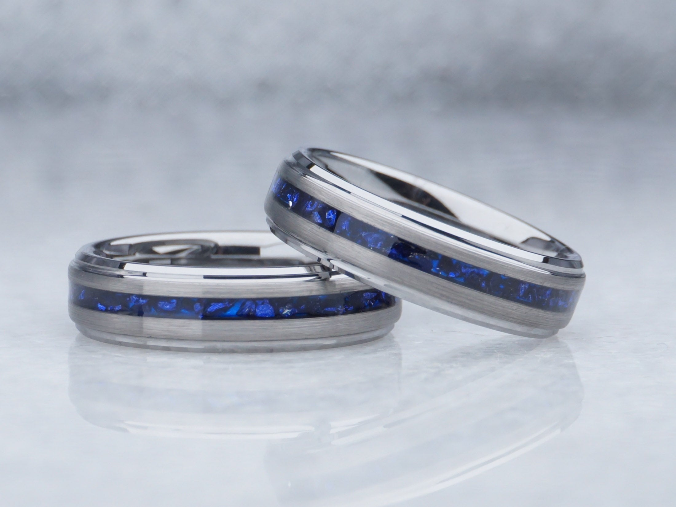 6mm silver gentlemans band with sapphire inlay, unplated silver tungsten ring with stepped edges and blue lab created sapphire, modern mens wedding ring