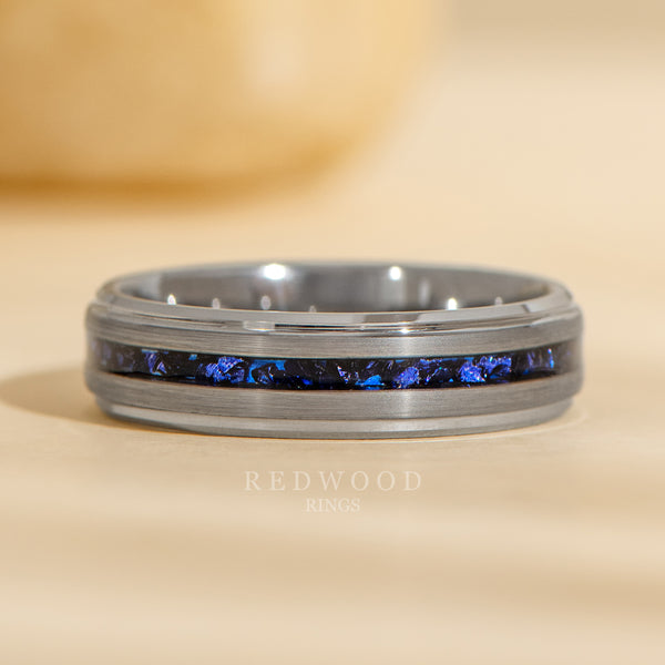 6mm silver tungsten gentlemans band with blue lab sapphire inlay, mens seattle ring