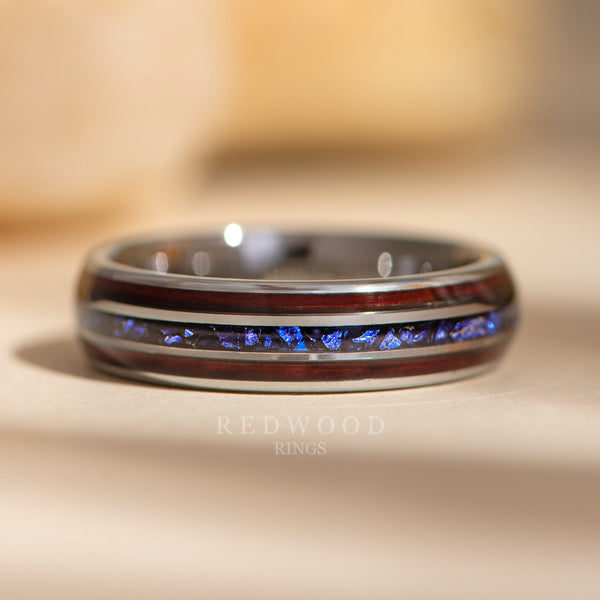 6mm silver tungsten ring, redwood and lab sapphire triple inlay, mens wedding ring