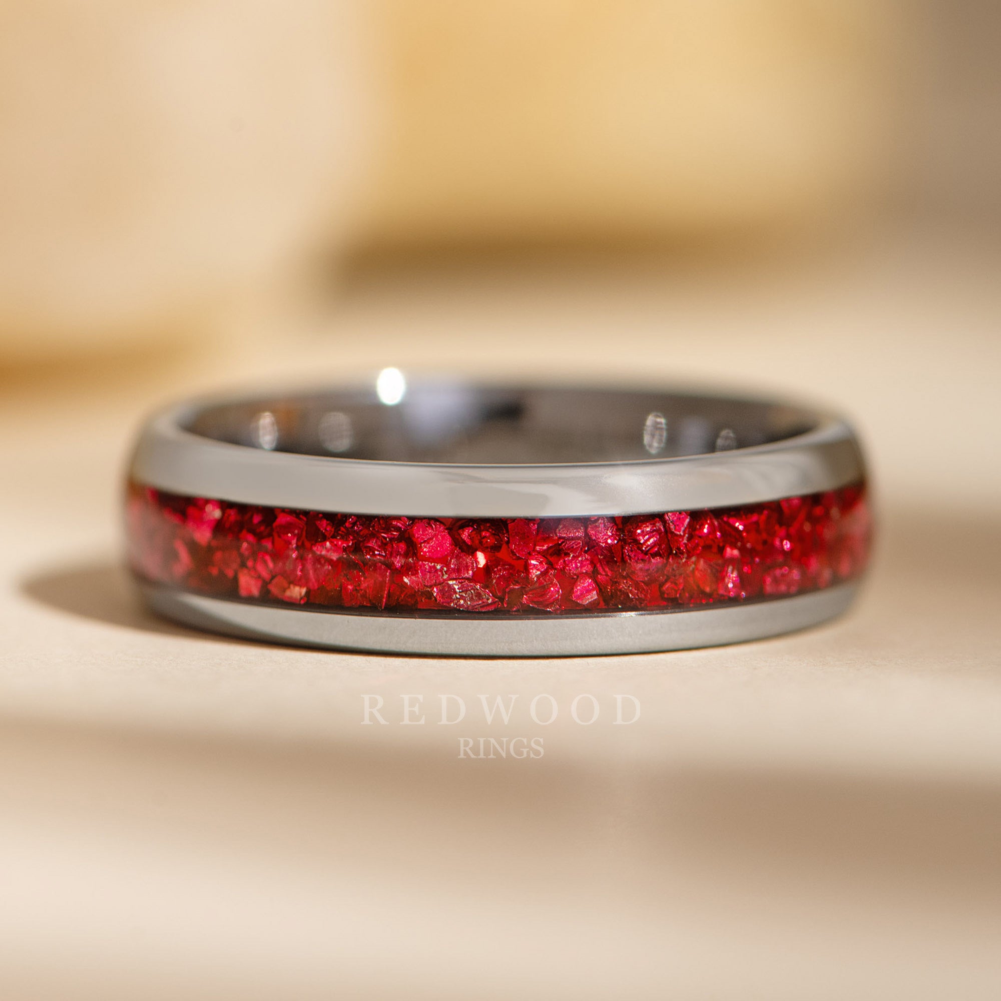 6mm silver tungsten ring with red lab garnet inlay, mens gemstone ring