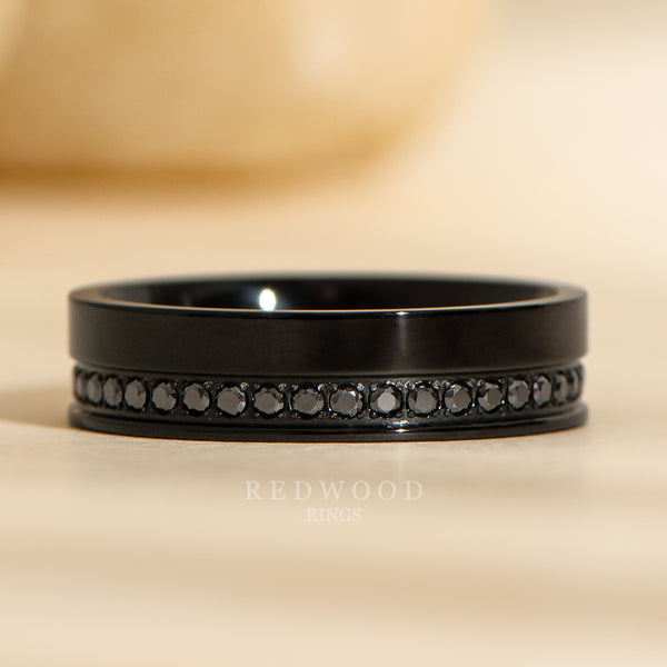 6mm zirconium ring with black moissanite inlay, mens moissanite ring