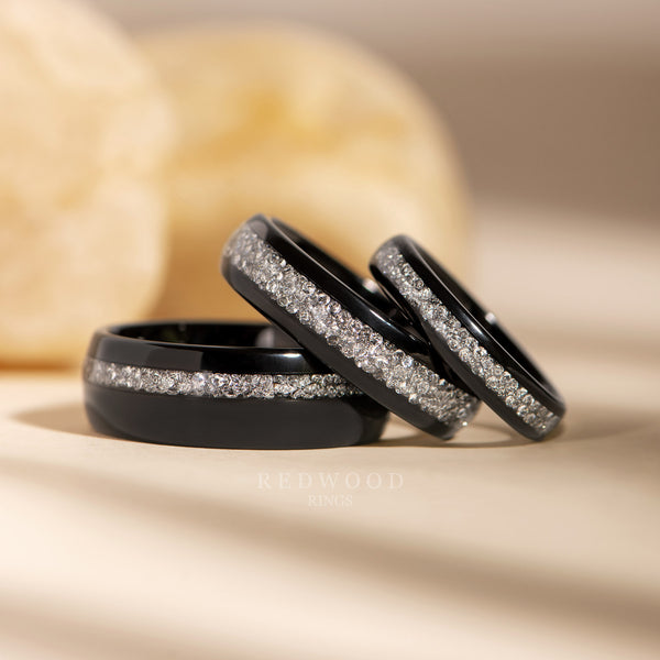 Matching Black Tungsten Rings with White Lab Diamond Inlay - 4MM, 6MM, 8MM
