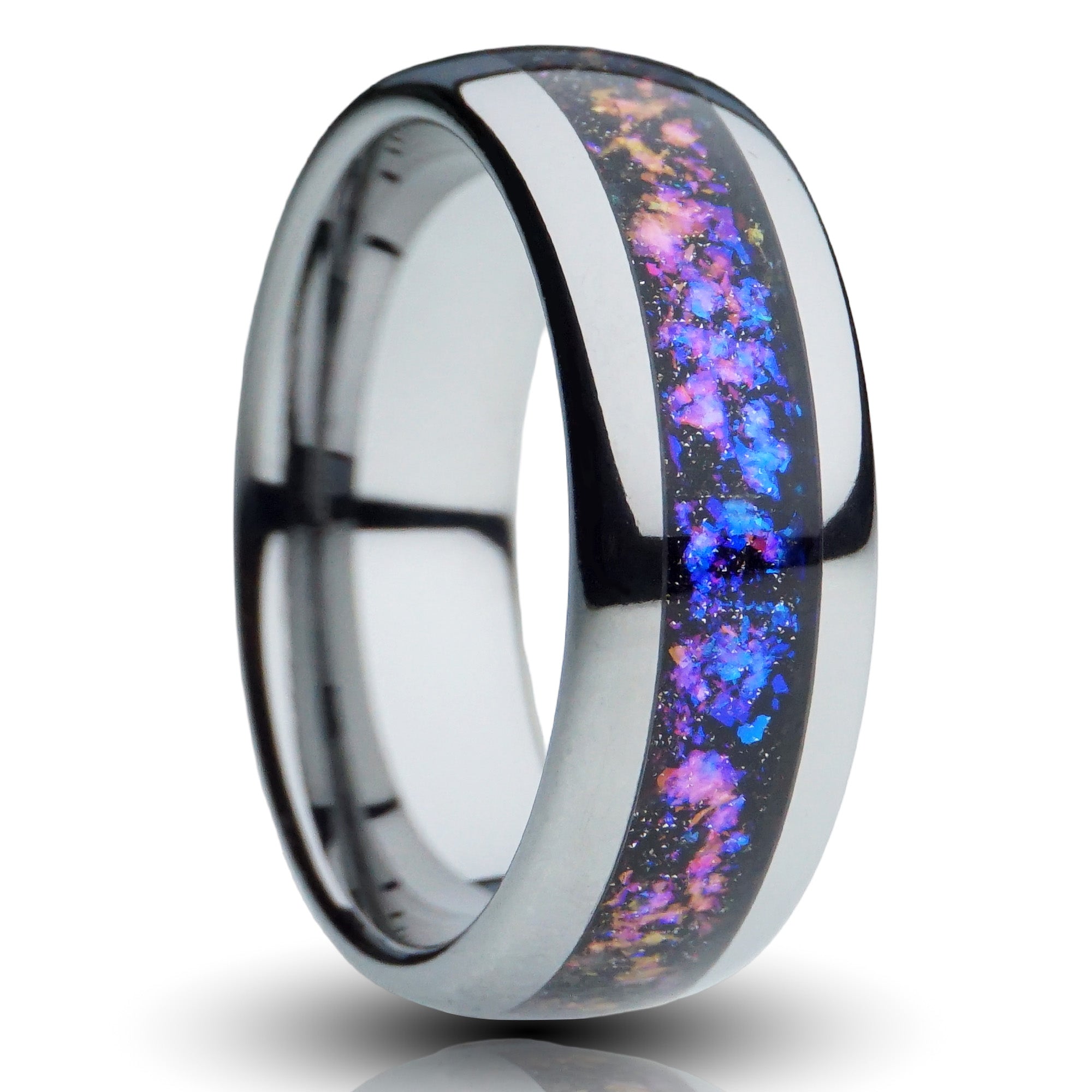 8mm Silver galaxy ring, milky way nebula inlay with sandstone, cutout photo