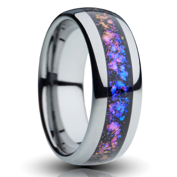 8mm Silver galaxy ring, milky way nebula inlay with sandstone, cutout photo