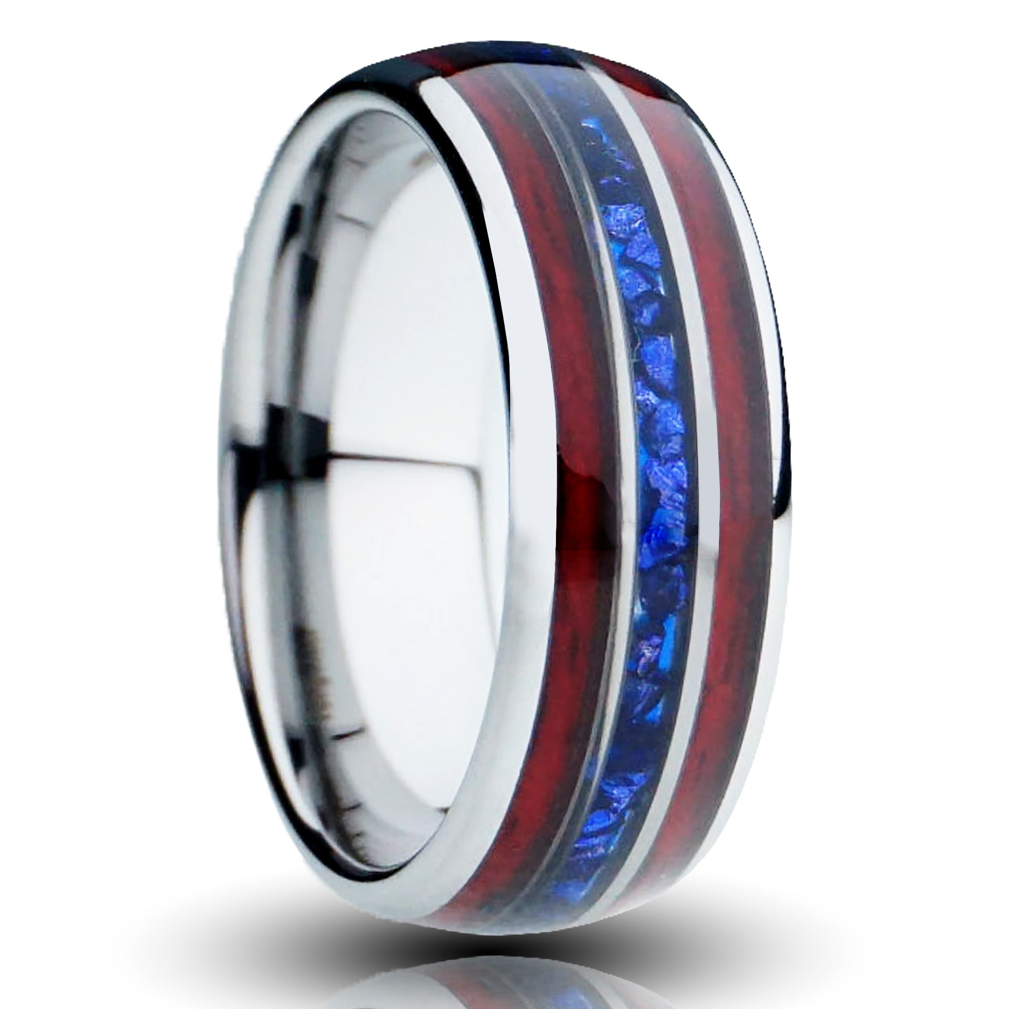 Red White and Blue Ring, Sequoia and Blue Lab-Created Sapphire Inlays - 8MM