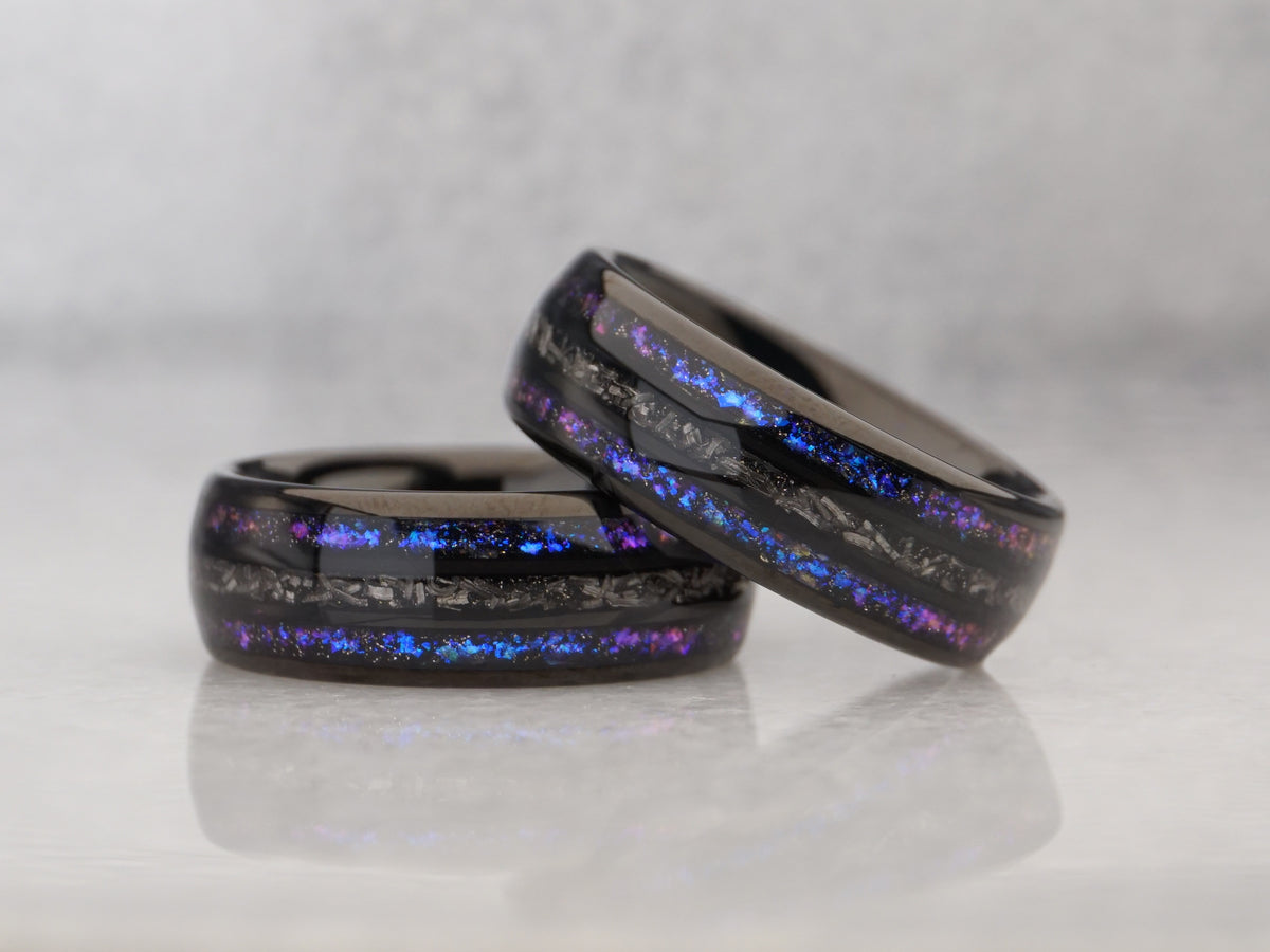 Black Galaxy Meteorite Ring, Blue Nebula and Meteor Triple Inlay - 8MM ...