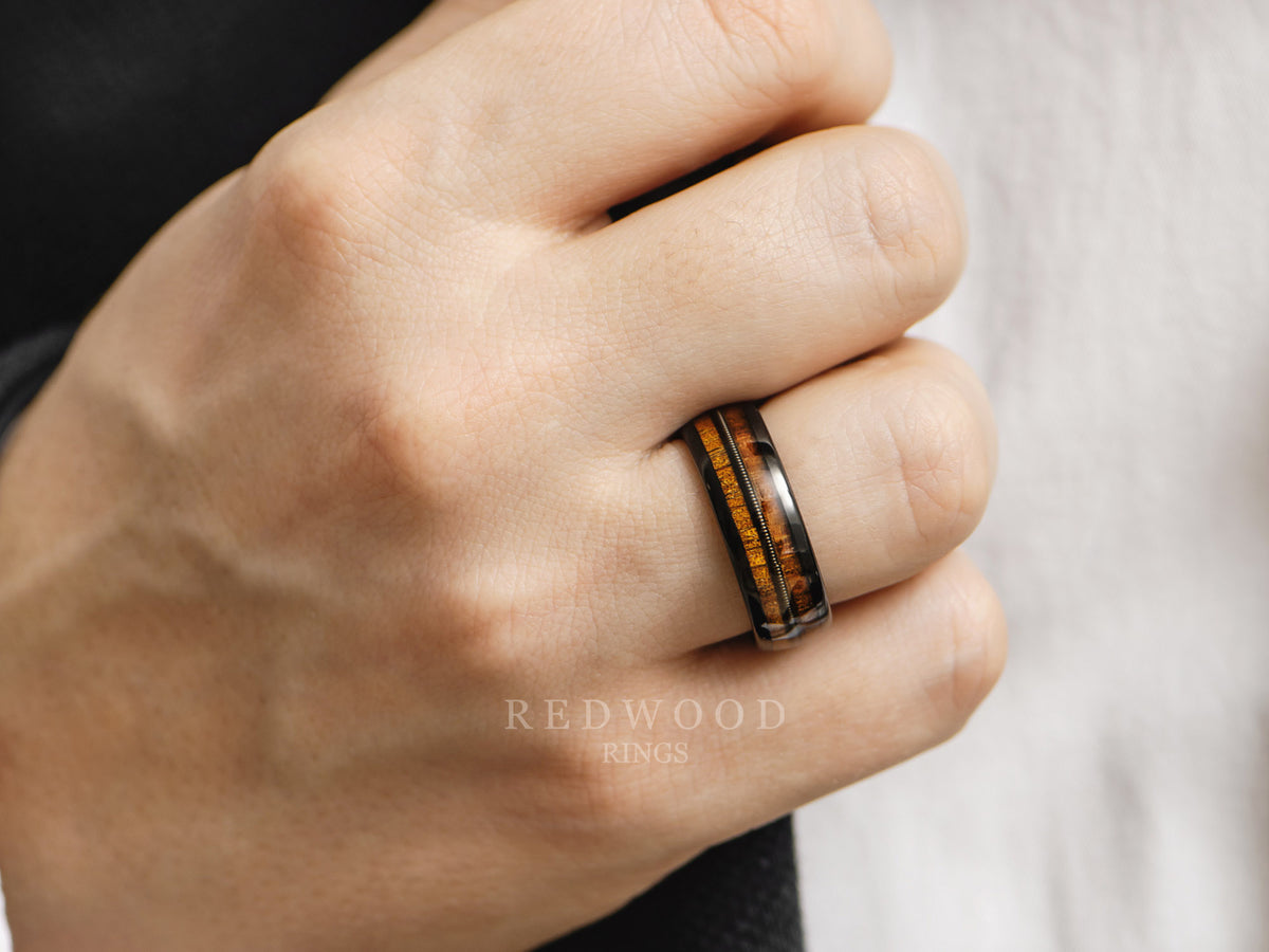 String Guide Rings Black Tungsten Ring, Guitar String and Koa Wood Inlay - 8MM – Redwood Rings