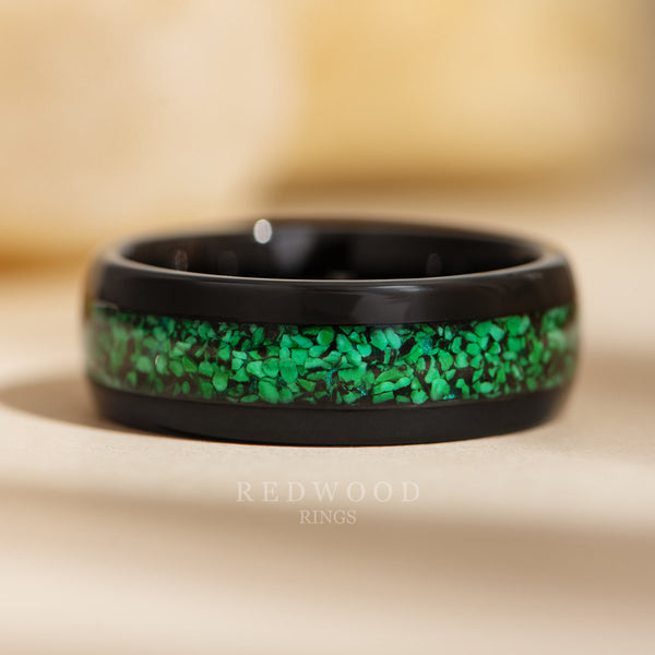 8mm black malachite ring, mens malachite gemstone band