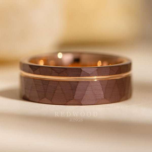 8mm brown and rose gold zeus ring, mens hammered wedding band