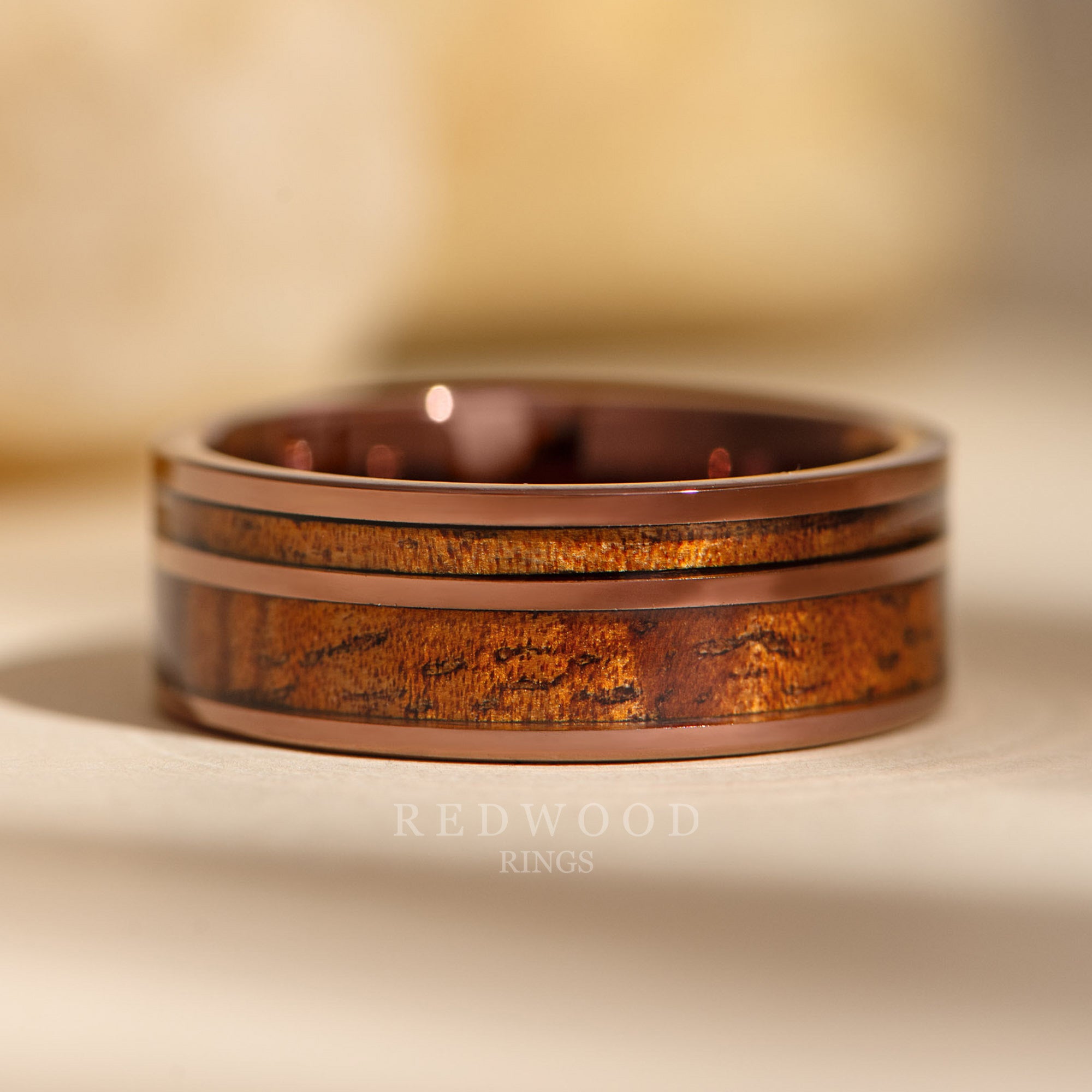 8mm brown koa wood dual inlay ring, mens wood wedding band