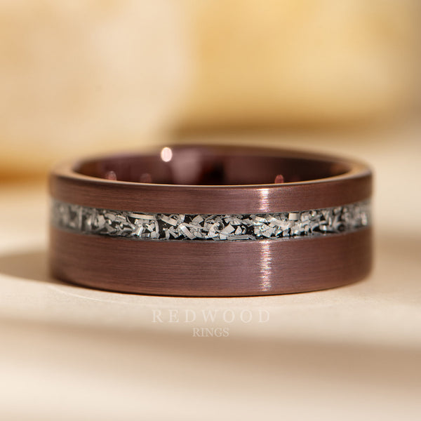 8mm brown meteorite ring, brown brushed flat tungsten ring, mens meteorite band
