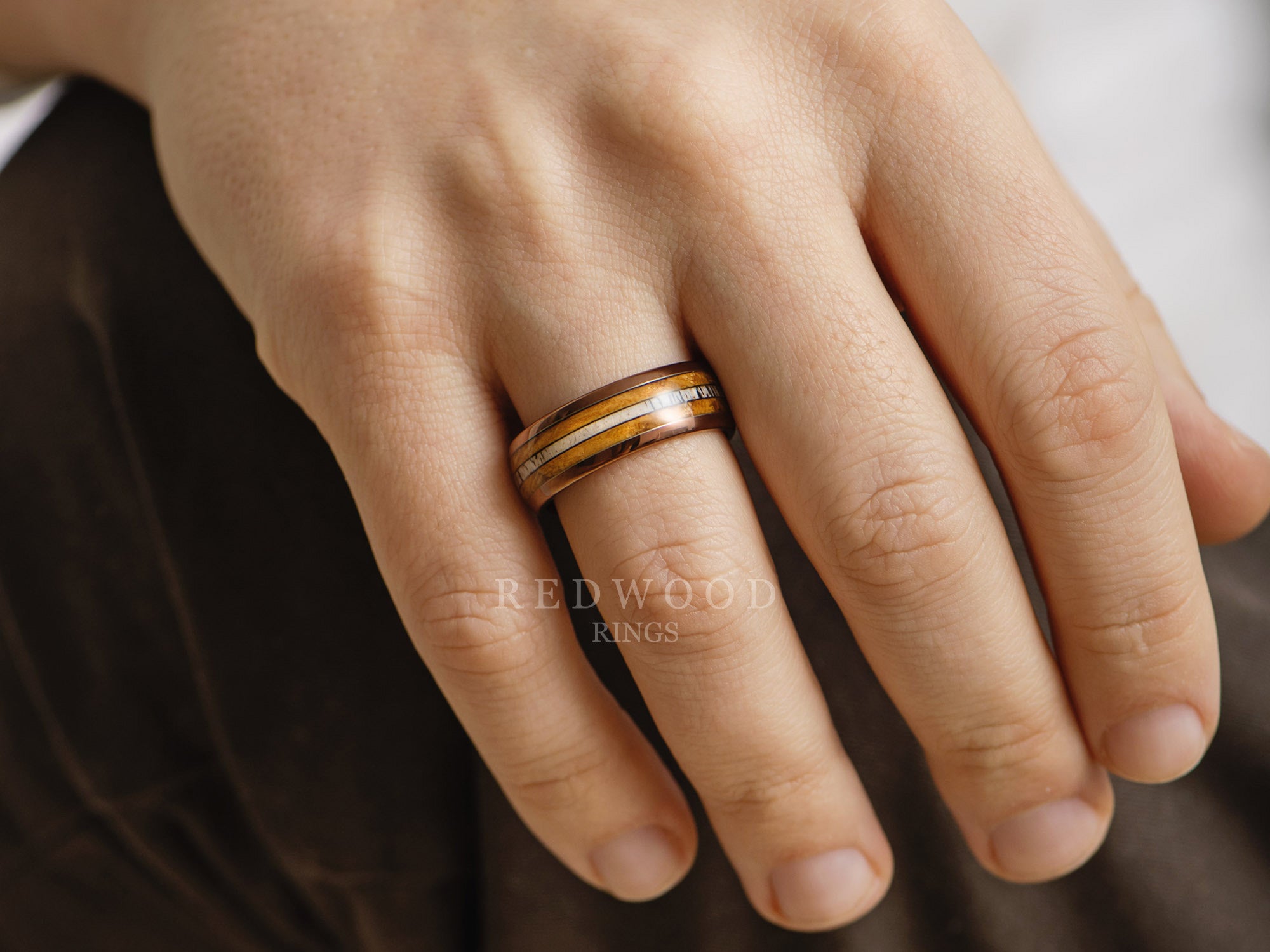 8mm brown whiskey barrell wood and deer antler tungsten ring, mens hand photo