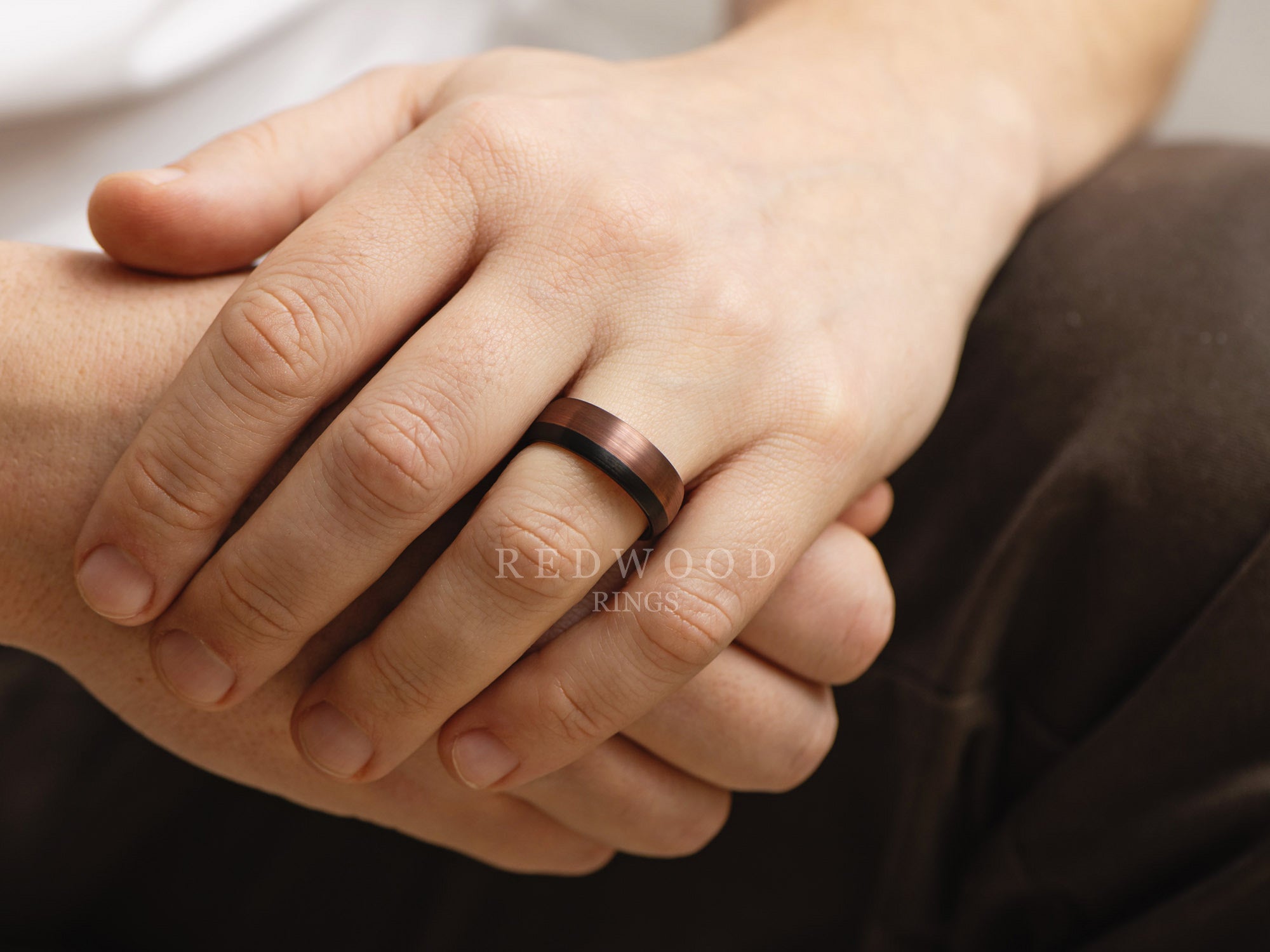 8mm cappuccino brown tungsten ring, mens hand photo