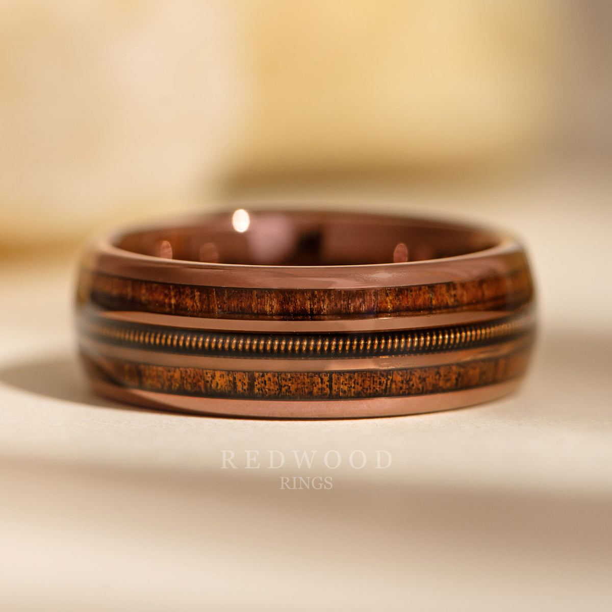 String Guide Rings Brown Tungsten Ring, Guitar String and Koa Wood Inlay - 8MM – Redwood Rings