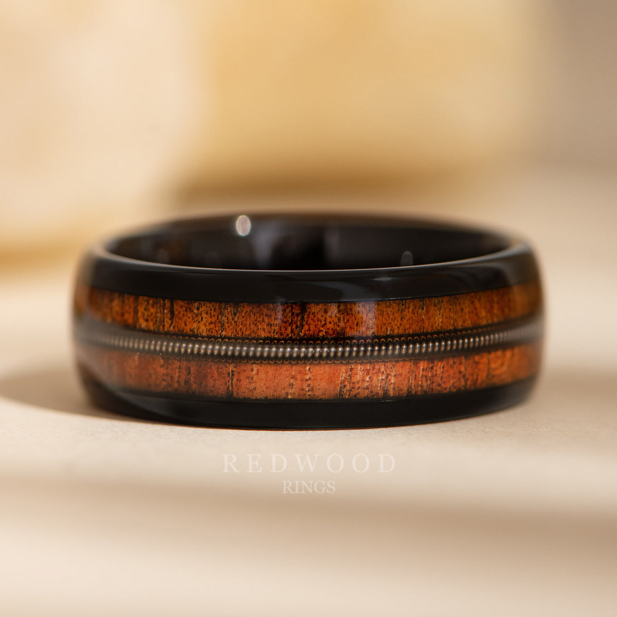 String Guide Rings Black Tungsten Ring, Guitar String and Koa Wood Inlay - 8MM – Redwood Rings