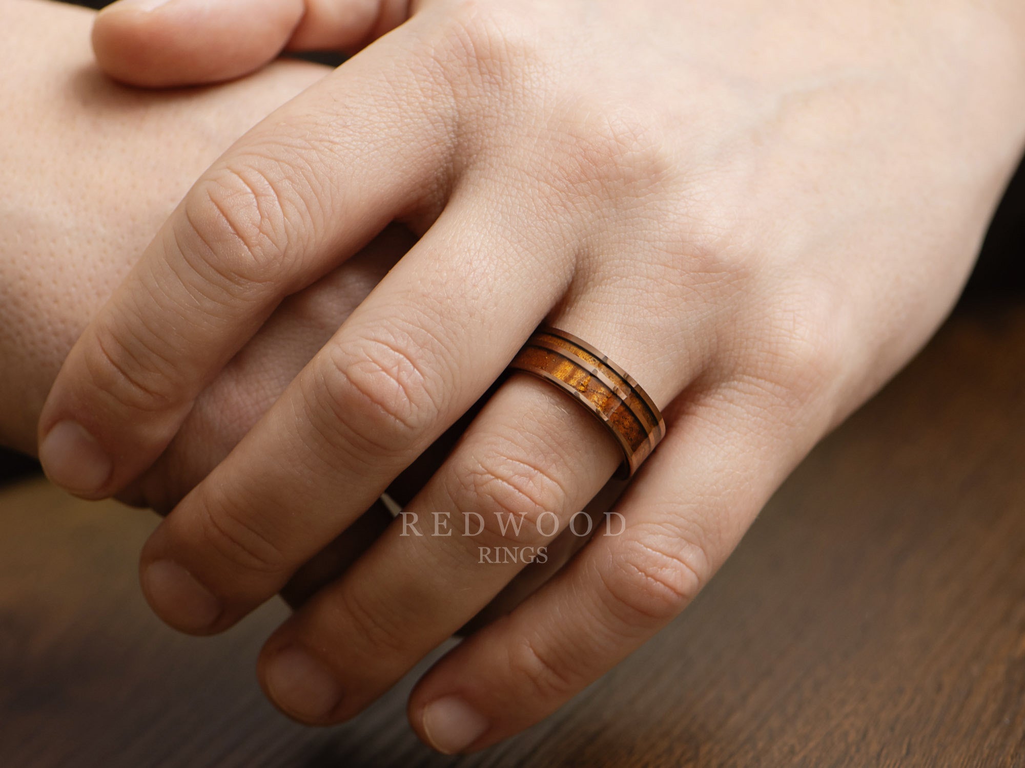 8mm koa wood tungsten ring, brown mens wood ring hand photo